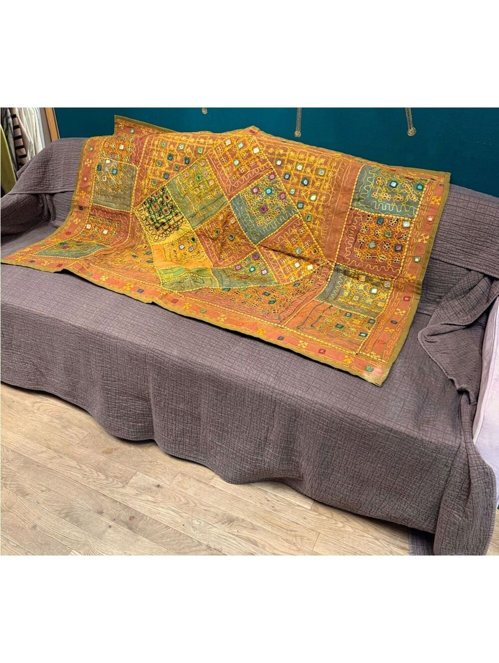 Indian Mirrorwork Patchwork Textile Runner Boho Bed Runner/Wall Tapestry 20x56”